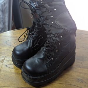Black Platform wedge Lace-Up Combat Boots